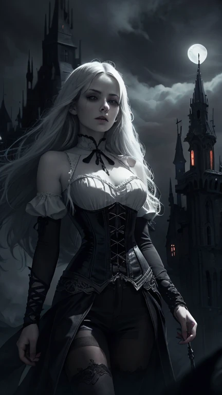 a beautiful gothic vampire. standing on a balconly under the moon. eerie. volumetric light, high dynamic range.