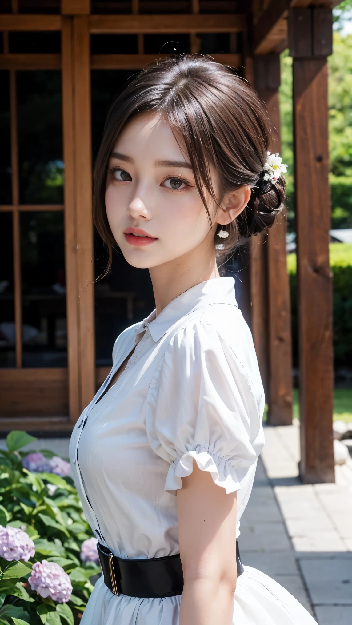(nsfw:-2), (realistic, photo-realistic:1.4), (masterpiece, best quality:1.2), RAW photo, high resolution, intricate details, extremely detailed, realistic and sharp details, cinematic lighting, portrait, (bust shot, midriff:1.5), frontal photography, solo, 1girl, a Japanese woman, dark hair, (detailed face, beautiful detailed eyes, sophisticated nose), pale skin, collarbone, necklace, jewelry, large breasts, (white v neck shirt ), photo background, outdoor , flowers garden , ponytail ,full body