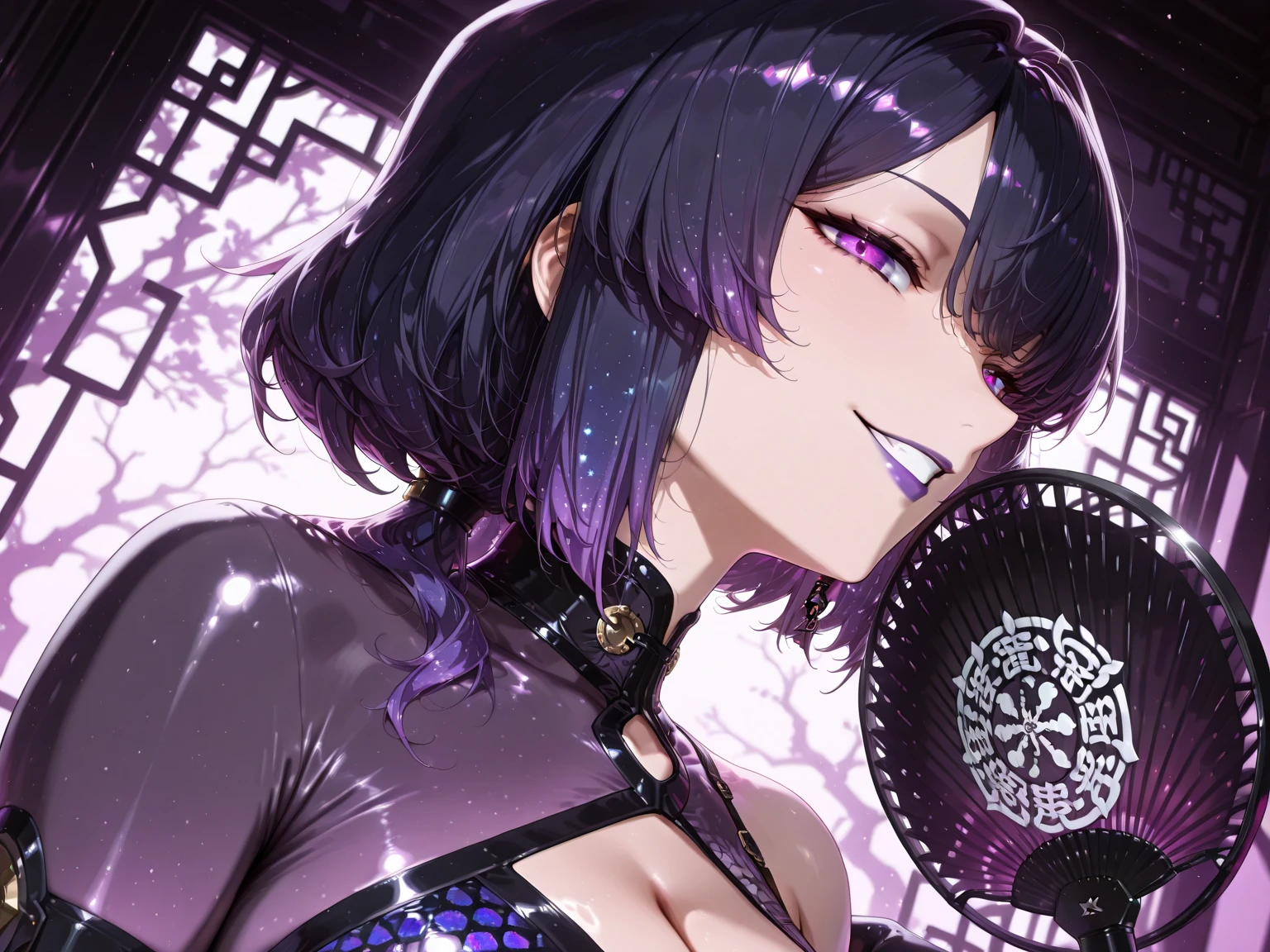 32k, best quality, ultra high res, HDR, UHD, extremely detailed CG, unity 32k wallpaper, a colorful Japanese animation style of a woman with short hair holding a half-removed fox mask in her hand. The skull mask is golden and designed to cover the upper half of her face. She is dressed in a kimono with cyberpunk elements integrated into the design. Her right hand is near her mouth, with two rings attached to chains on her fingers. She has a mischievous smile, revealing fangs. The background features a stained glass pattern with traditional Japanese motifs.