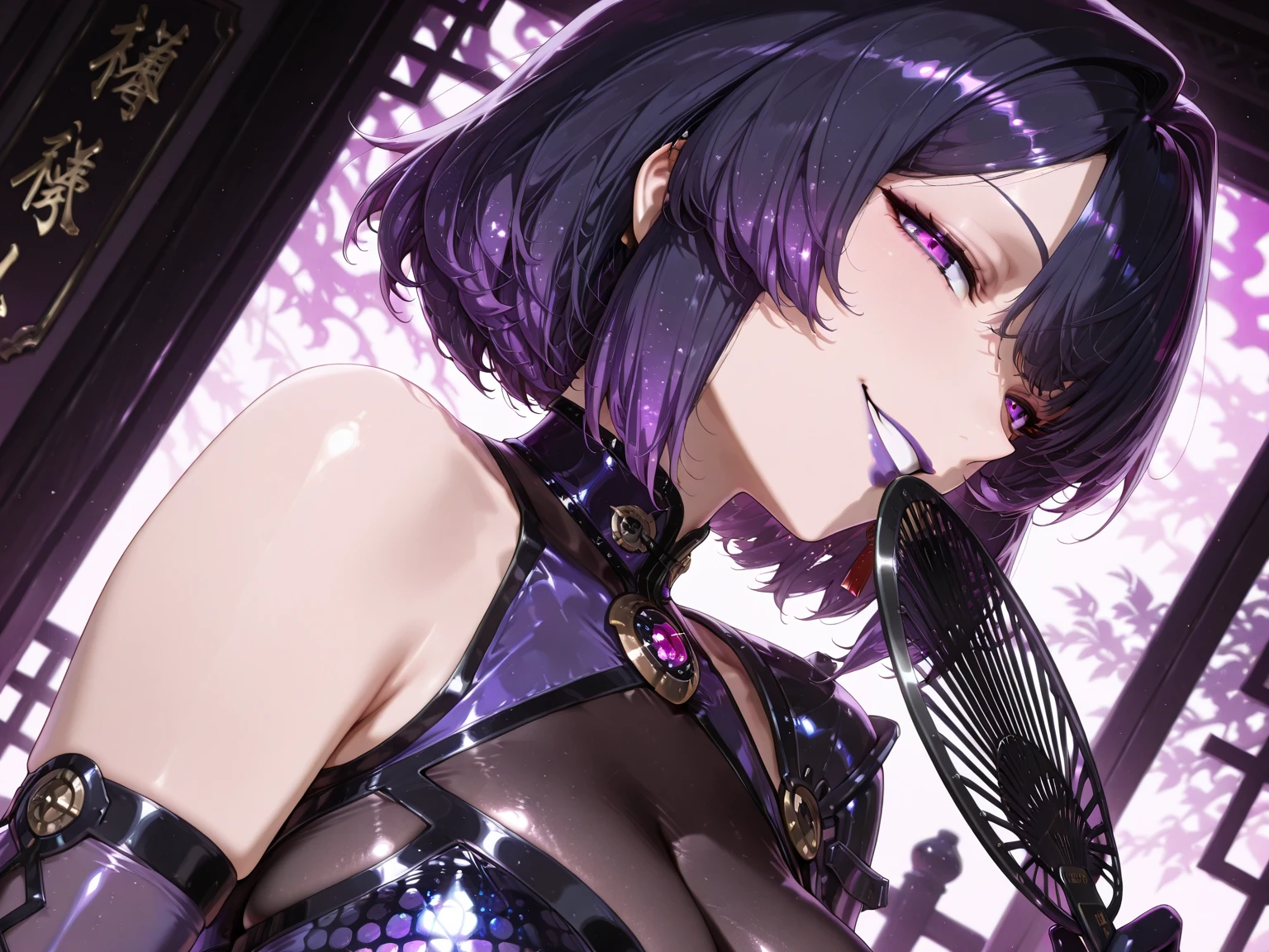 Mature beautiful woman, solo, (incredible high resolution, masterpiece, best quality, highly detailed, CG, high quality anime drawing), (seductive woman in cheongsam), (dark blue glitter galaxy pattern: 1.4, tight fitting, glitter galaxy pattern printed cheongsam: 1.4, one shoulder, luxuriously decorated Japanese iron Fan), (purple eyes, half open droopy eyes, large breasts, glossy purple lips, shadowed face, high quality skin), (evil woman's smile, forming a seductive smile like a high-class prostitute, a mixture of fascination and fascination, hiding her mouth with an open Japanese iron Fan, Japanese iron Fan), (beautiful detailed background, sexy cutout, background: luxurious Chinese-style palace, dark atmosphere, blurred background, purple light, purple mist), (dynamic angle, extreme close up face, focus on face, side view)
