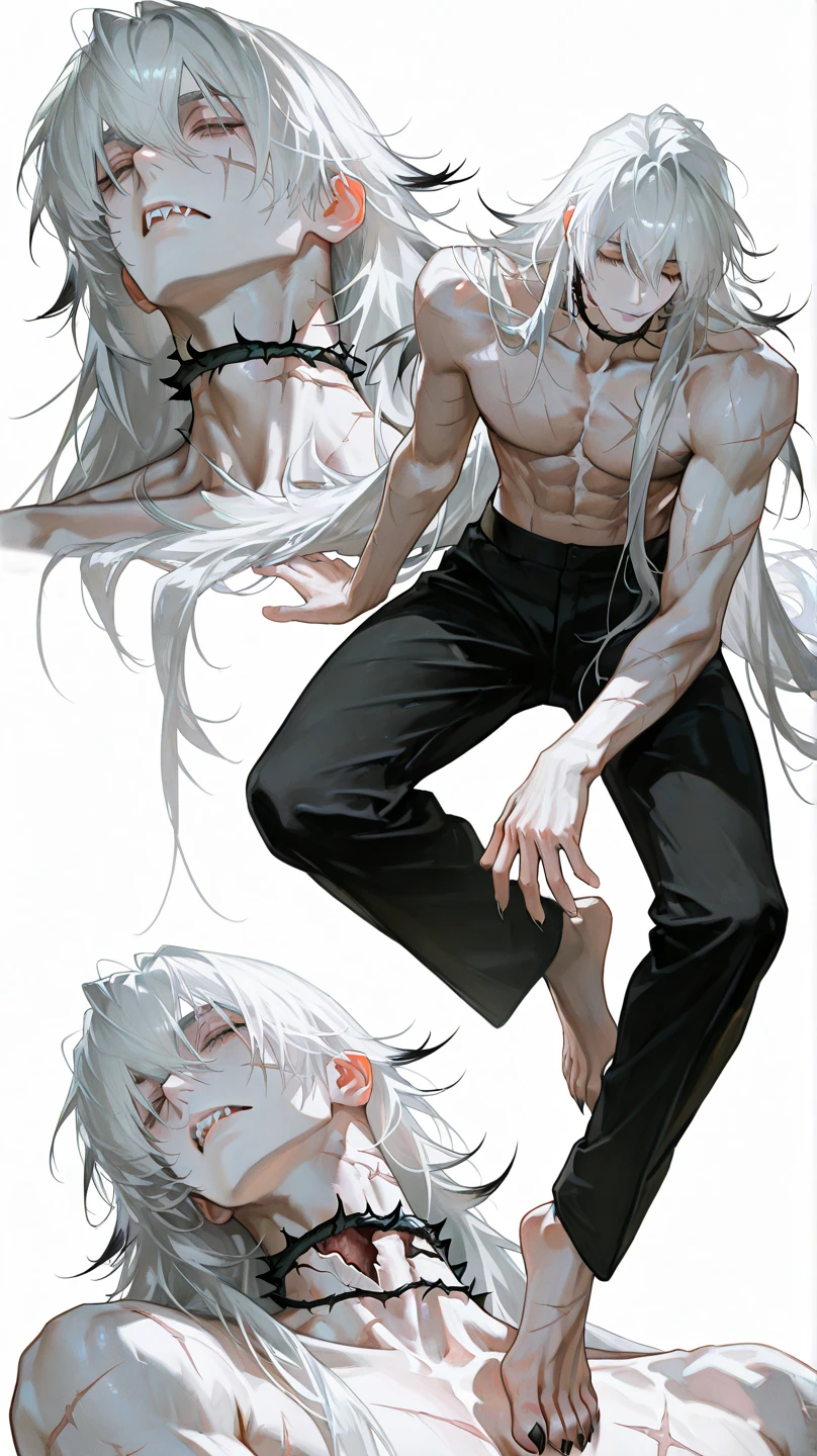 male with flowing white hair, twisting Horns, big fangs, pale white skin, long fluffy white goat legs, slick long tail, furless tail.