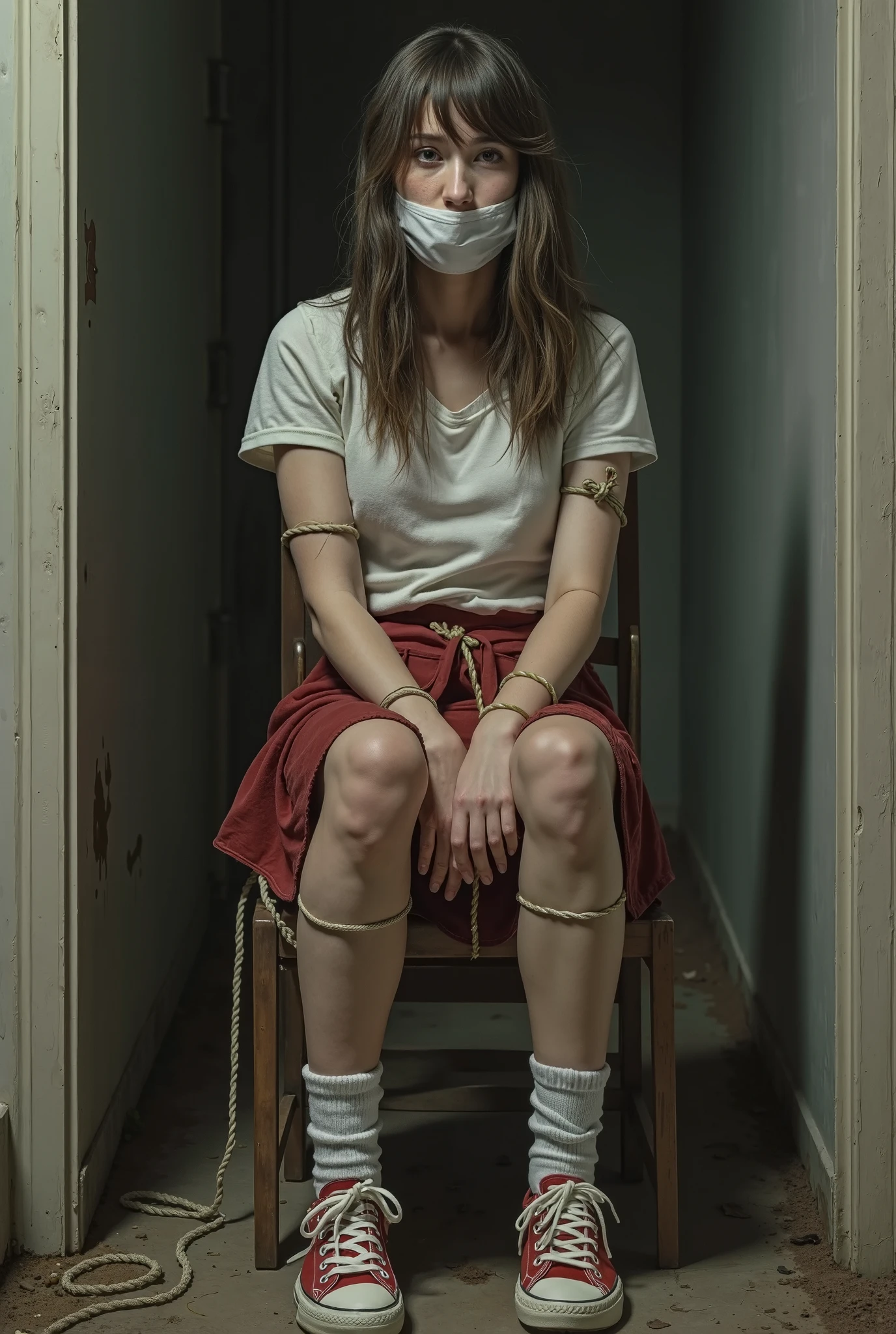 ((Detailed eyes)), bare feet, full body in container, dirty woman chained to a chair, white torn stockings, broken glasses, woman in container, desperate expression, worried alice in wonderland in container, concerned about future, brunette, realistic hands, photorealistic, grandpawds, 4k UHD, dark vibes, hyper detailed, epic composition, octane render, sharp focus, high resolution isometric, (film grain:1.3), The light is sparkling, high quality photography, 3 point lighting, flash with softbox, 4k, HDR, smooth, sharp focus, high resolution, award winning photo, 80mm, f2.8, bokeh, (chained to a chair in container, bottle)