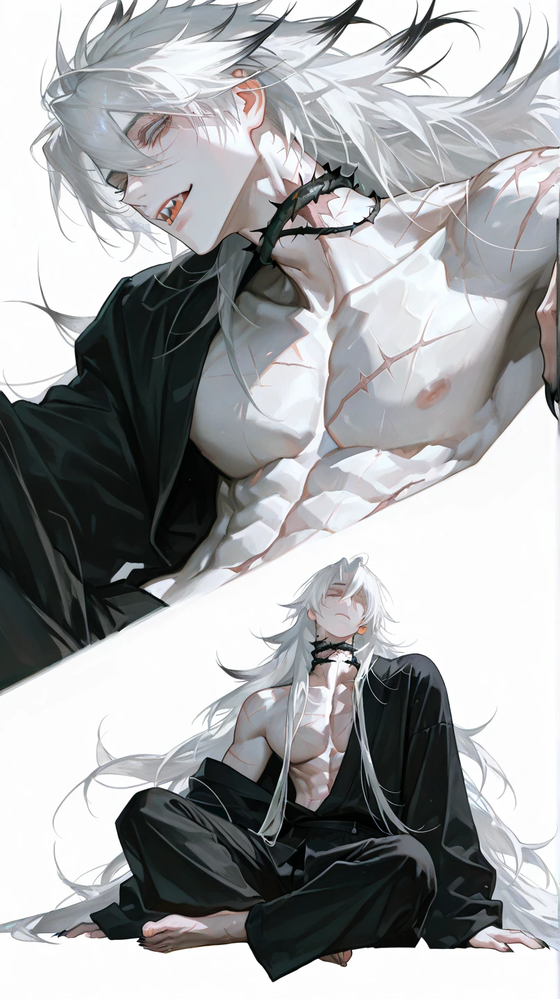 (absurdres, highres, ultra detailed), 1 male, boy, adult, handsome, tall muscular guy, broad shoulders, finely detailed eyes and detailed face, black very long hair, red eyes, handsome, fantasy, gothic, wolf ears, wolf tail, Sunlight, Fantastic light and shadow, Scenery, portrait, vampire fangs, open mouth, sexy, attractive, full body, tongle, no clothes, no shirt,, Dog Collar, bangs, cute face