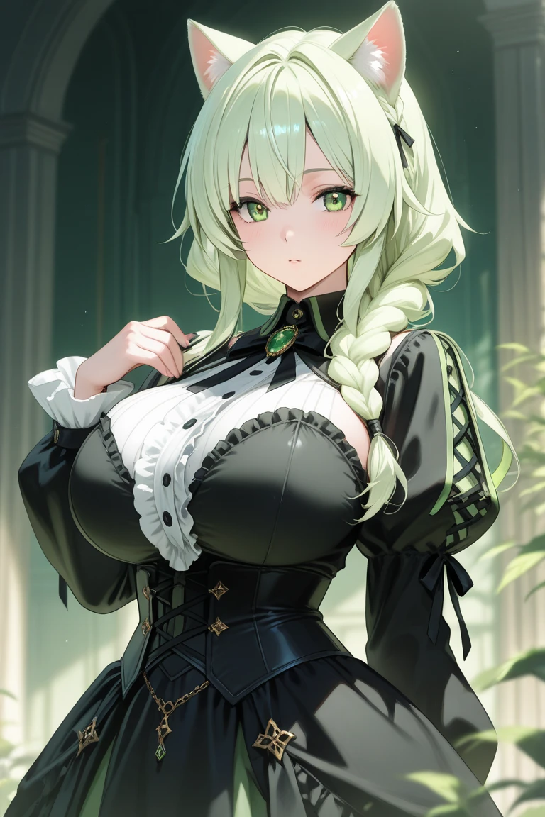 yorha no. 2 type b, 1girl, blindfold, breasts, cleavage, cleavage cutout, clothing cutout, green background, hair between eyes, hairband, highres, juliet sleeves, long sleeves, mole, mole under mouth, nier (series), nier automata, oni gini, puffy sleeves, red lips, shaded face, short hair, solo, turtleneck, upper body, white hair,