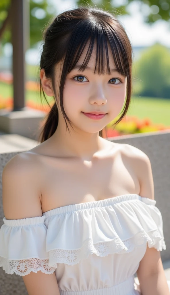 (High Definition CG Unified 8k Wallpaper), (Masterpiece), (Best Image Quality), (Super Definition), (Best Illustration), (Best Shadow), (Realism: 1.4), (PureFace_V1: 0.5), Real Human Skin, Lens Flare, Sunny, Backlight, Flowers, Natural Light, Hard Focus, Deep Focus, ((No Blur: F16)), Staring at the viewer, Shot from a low position, Picture from below the knee to head, 1 girl, (younger than ), Solo, petite and slender girl, thin thighs, (Japan very young beautiful girls), white skin, small nose, clean and healthy smile, (smile smile), soft lips, pale cherry colored lips, (light eyebrows: 1.4), shiny large black eyes, flat chest, (flat chest: 1.4), (medium black hair: 1.1), ( Beautiful girl with a cute loli face: 1 cute and big eyes, (corners of the mouth raised: 1.4), beautiful armpits clearly visible, triangular sitting with legs open, facing forward, light clothing, (thin white camisole), skin is transparent, clothes are soaked and see-through, (thin and fairly tight light colored short spats), (right hand raised and hair is hanging over the ear), plump round face, sky with beautiful details, as details (crowd: 1.2), park, (blush of the nose), (shy smile: 1.8), red cheeks, hollow detail eyes, floating hair, transparency, symmetrical large eyes, protrusions, hairpins,