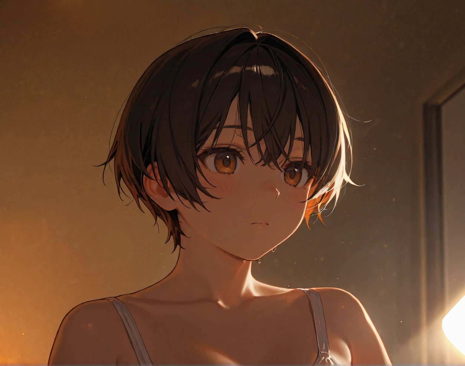 Fair complexion, A girl around , Black hair, Double eyelids, large eyes, Wearing a navy blue robe, super sharp focus, In the background is the natural light of the temple in the evening, naked