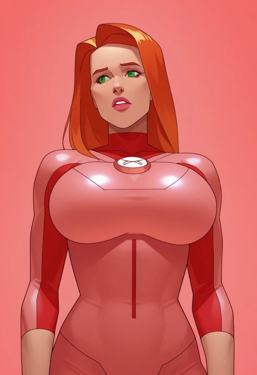 Mary Jane Watson from Marvel’s Spider-Man PS4, high cheekbones, big lips, full lips, up-turned nose, pointy nose, pouting, pouting lips, pale skin, 90s glamour makeup, tall, curvaceous, small waist, big hips, hip dips, big breasts, gigantic breasts, sagging breasts, long legs, orange turtleneck sweater, brown pants, Best quality, 8k, Masterpiece, realistic, photorealistic, nagatiti(Gigantic Breasts:1.6)(hanging breasts: 1.5)
