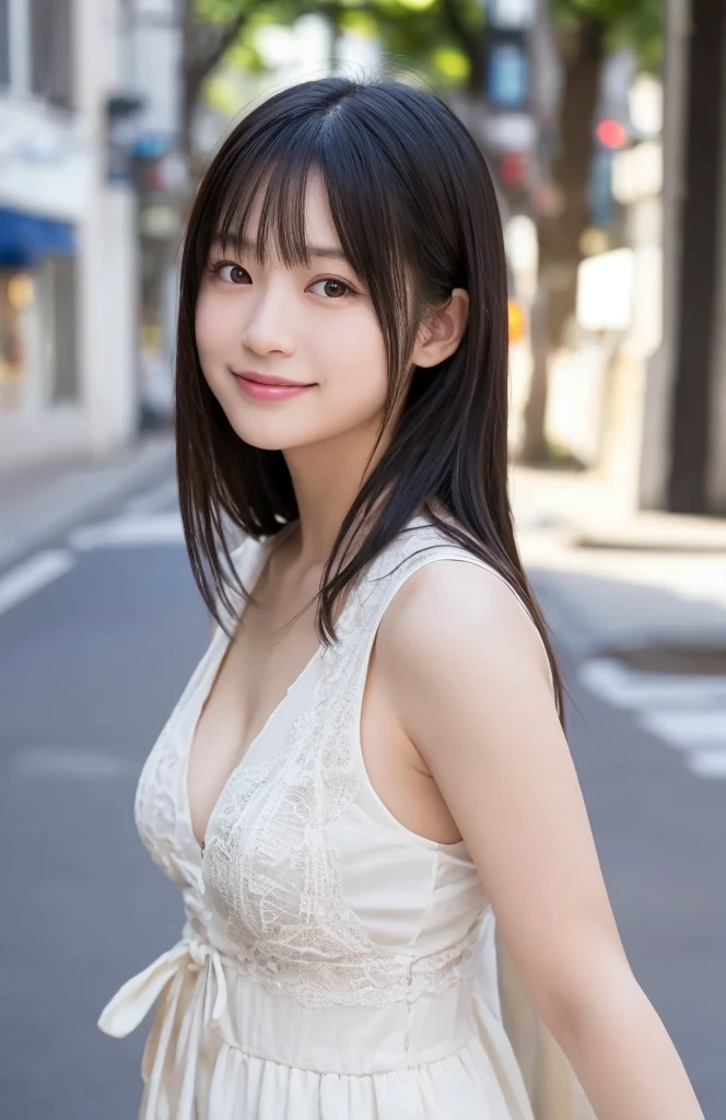 table top, highest quality, figure, Super detailed, finely, High resolution, 8k wallpaper, 完璧なダイナミックな構figure, detailed and beautiful eyes, dress,medium hair, big breasts, natural color lip, random sexy poses,smile,Aoyama Street Walk、20 year old girl
