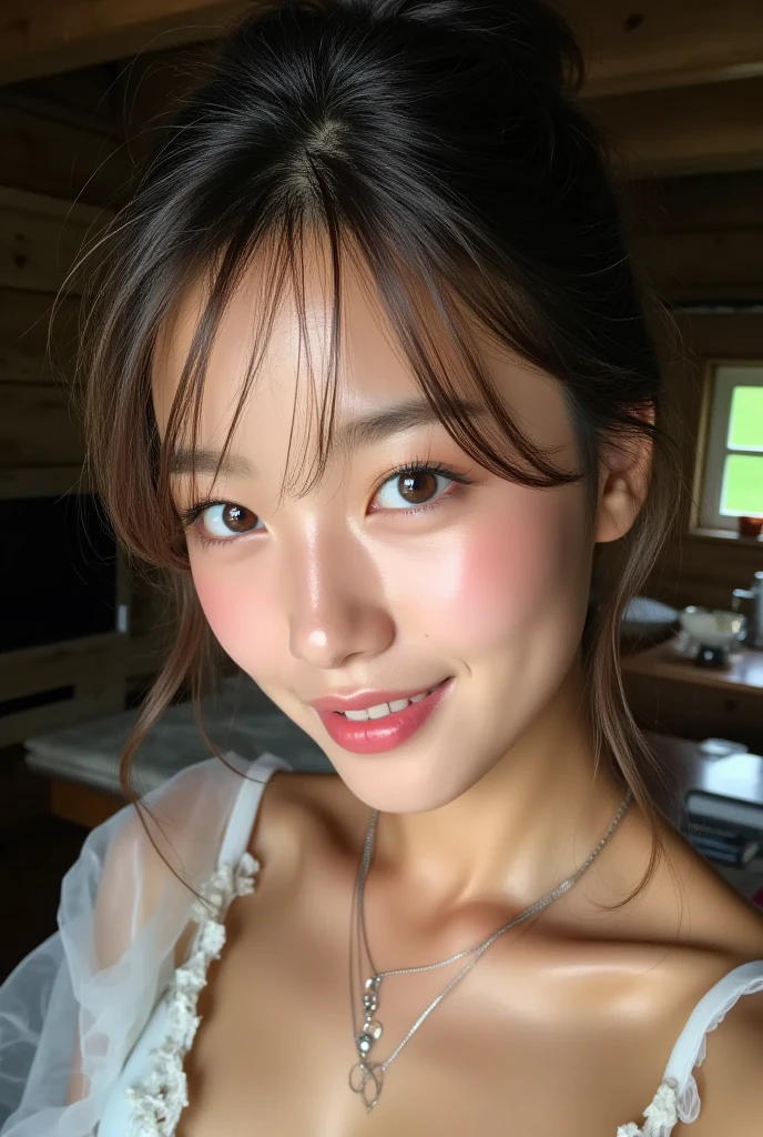 ((Highest quality)), ((8K)), ((masterpiece: 1.3)), (Perfect appearance), (Photorealism: 1.6), (MOR), (View from directly below: 1.2), (Naked Japan), (58 years old), ((Realistic skin texture)), (Fine wrinkles appear all over the skin), (Dullness), (Unmoisturized skin) , (Facial wrinkles), (Wrinkles around the eyes), double eyelid, Lower eyelid tear trough, (Dimples), (Large, protruding upper front teeth), round face, Short bangs, Long wavy hair, She is smiling gently with the corners of her mouth raised, She is completely naked and posing sexy, Mature woman's loose figure, Small breasts, Small breasts, Flat Chest, Bedroom with morning sun streaming in, Strong sunlight, bright, She is smiling gently with the corners of her mouth raised,