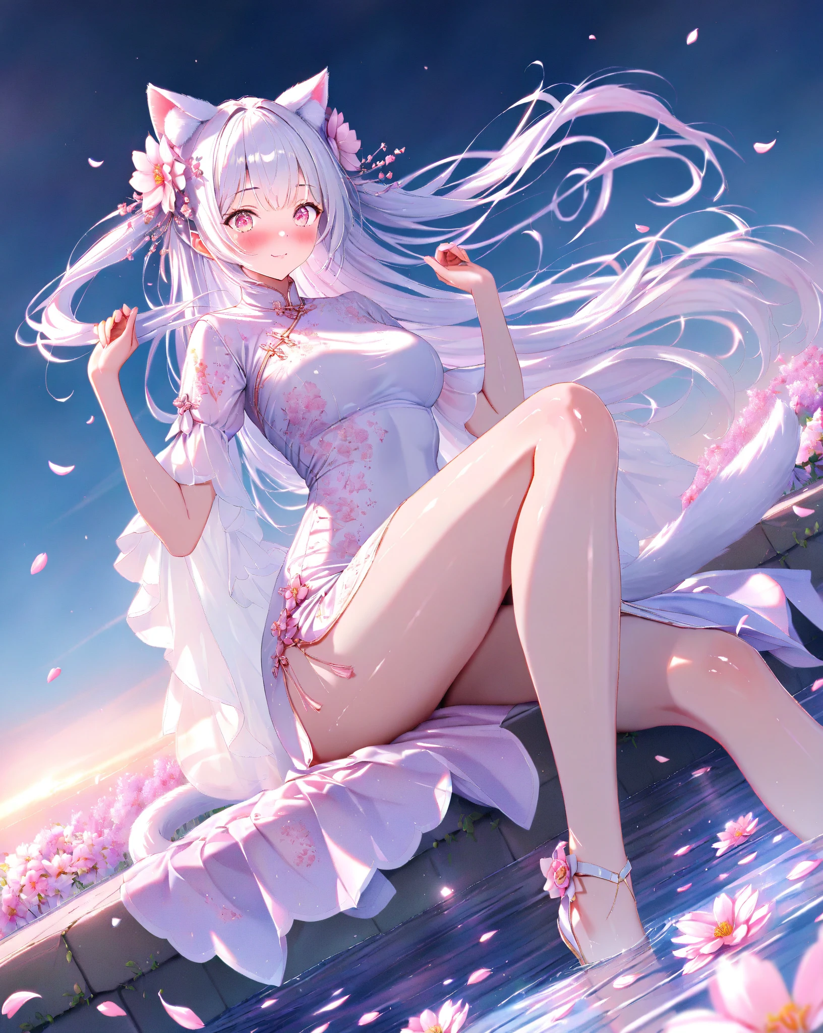 ((best qualtiy,8K,tmasterpiece:1.3)), {{tmasterpiece}}, illustratio, best qualtiy, Extremely detailed CG Unity 8K wallpaper, 1girll_Solo, full_Body, From_Below, Looking_at_peeping at the viewer, Looking_down, (White panty hose: 1.3), (without wearing shoes: 1.3), whaite hair, (bare no clothes:1.3), Hair_ribbon, Strong edge light, trpical garden, fresh flowers, Sateen, clothes splash, (wetclothes:1.5),Lori huge breasts cleavage,ta prostitute