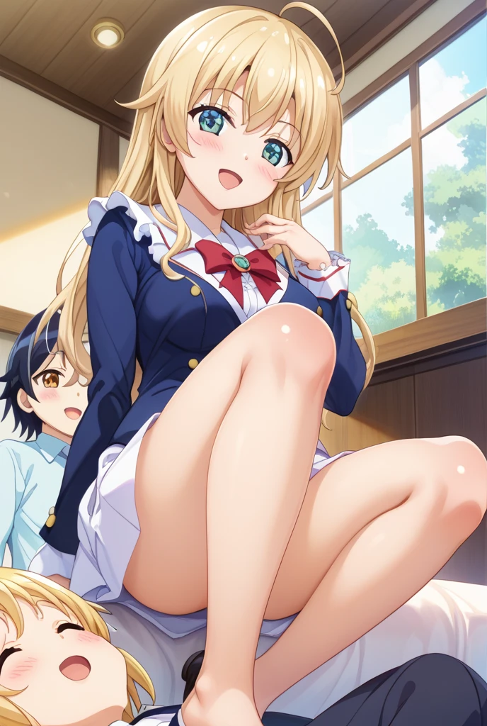 masterpiece, Highest quality, so beautiful, Absurd,High resolution,One girl, (((One littleboy))),Cuddling in bed, like,sexy,Look at each one, blush,Age difference,bow tie,Blonde,chest,pleated skirt,Tucked in shirt,Tent shirt,bare bra,NSFW,((女の子より小さい男の子,Boy is smaller than women)),sex,physique difference,huge breasts