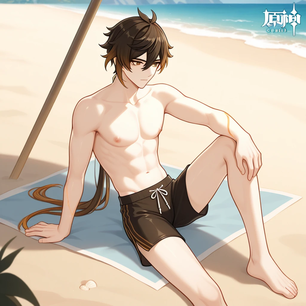 Shirtless  Boy, Pants, Beach background. Brown nipples and barefoot 