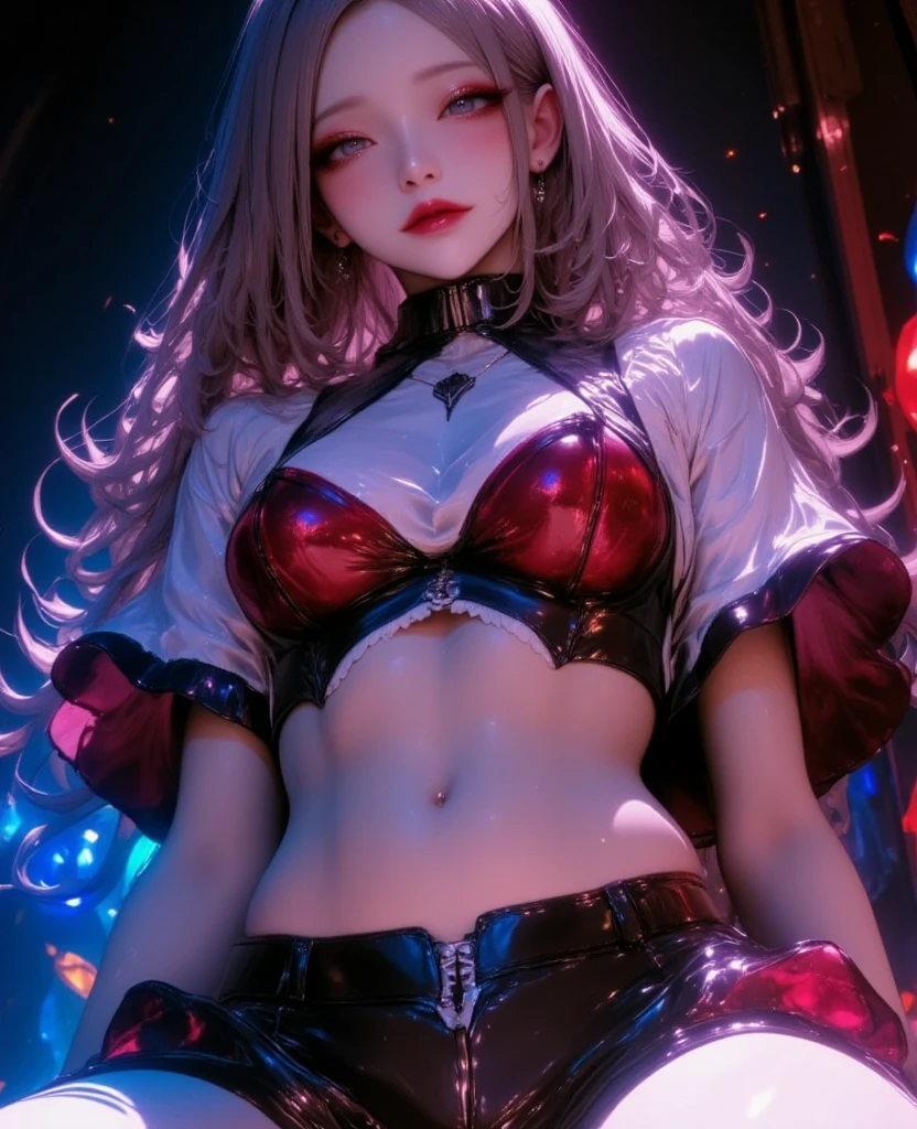 (A hyper-realistic:1.3), (Photorealsitic:1.6), Face Focus, Head tilt, hightquality, masutepiece:1.3, (top-quality:1.4), hight resolution, 8K, intricate detailes:1.6, a beautiful girl, (age), Whole body, Standing Pose, ((serafuku)), (((glare light pink fabric))), (light pink hair), ((light pink drill hair1.3)), (long wavy hair), rabbit ears, ((fake rabbit ears)), a pink sailor scarf, ((glossy skin:1.6)), (light pink sailor suit collar), ((shirt lift:1.4)), (((pantyhose, wrist cuffs, glare pink gold tie, short sleeve shirt, glare pink sight shirt, glare short pink pleated skirt), garter belt(color: shinny purple), (high leg: 1.4), (glare pink Fishnet tights))), ((smile: 1.4)), (((cleavage))), ((cleavage cutout)), (spread legs), love handle. ((curvy)), ((gigantic_tits:1.6)), (erect nipples: 1.6), ((narrow waist: 1.5)), arms up behind, arms behind head, armpits, (((glare pink fabric))), crop top navel, ((vulgarity)), ((nipple)), (breast cutout:1.4), (bare nipples:1.4), (meme attire:1.3), (navel:1.2), bunny ears,(nipples peek:1.5), (glare high heels), (pussy cutout:1.4), (bare pussy:1.4), (pubic hair:1.3), (pussy peek:1.4), (nsfw:1.4), (((pussy looking through))), ((beautiful eyes in detail, long eyelashes, beautiful double eyelids, eye shadow, eyeliner, elongated eye shape)), (Perfect Anatomy), 190cm Supermodel, clean long legs, neck long, ((extremely beautiful lady, Symmetrical very beautiful face, Beautiful teeth, (Expressive cute smile), asymmetrical bangs)),