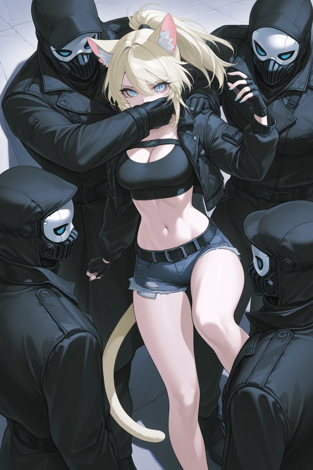 Male arab modern terrorist, terrorist, black short balaclava, black bandage, black clothes, thin waist, skinny body, femboy, light skin, makeup, black eyeliner, big eyelashes, black eyeshadow, metal choker,  light skin, random blond milf on her knees
