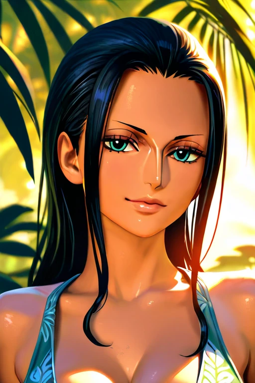 (((((Beautiful trading cards,gold framed)))))、Ultra-realistic 8K CG, First Job, ((Ultra-detailed backgrounds, Delicate pattern, Intricate details)), (Very detailed, The finer details), Better Quality, (Realistic: 1.4), Beautiful lighting, absurdes, RAW Photos, Film Grain, ((Huge-breasted,  slim)), Nico robin V2, One girl, Black  long straighthair, alone, Long Hair, jewelry, ((Huge-breasted,  slim, greencolor bikini, sexly, Lewd, big eyes, View your viewers、smile,  Cleavage,  clavicle, (Intricate detailed background, outer, Beach Environment, Sunny, nature), ((Portraiture, close)), (breast squeeze:1.3)