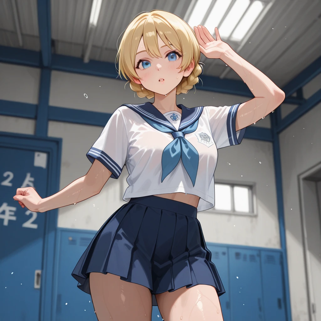High quality、highest quality、complete limbs、Ultra high definition、Sparkling eyes、full finger、slender beauty、very short hair、smile、Wearing a shiny sailor school swimsuit、shiny skin、Black knee high、dramatic writing