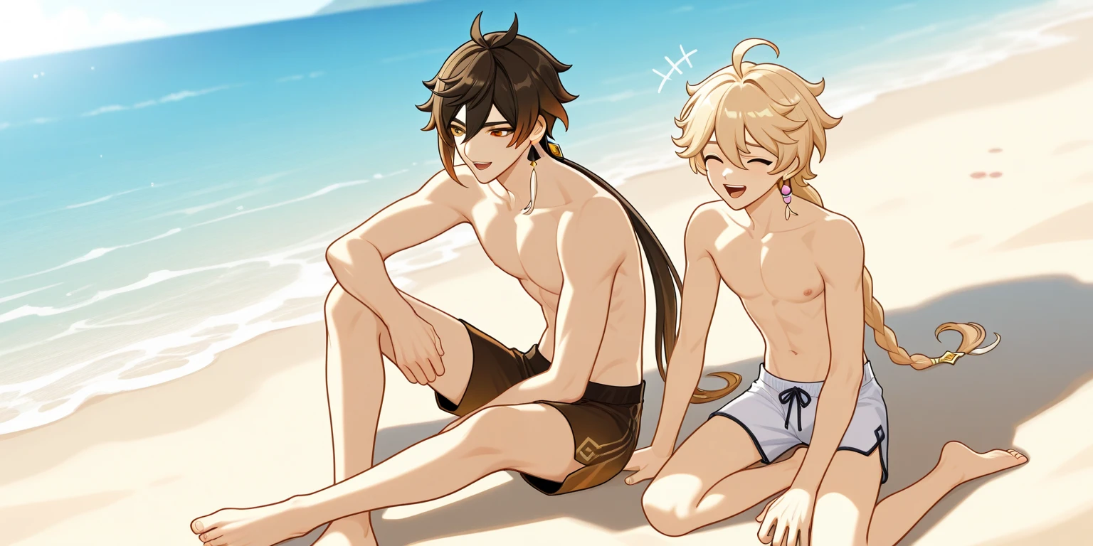 3 shirtless boys on a beach, they have different skin colours, shiny skin
