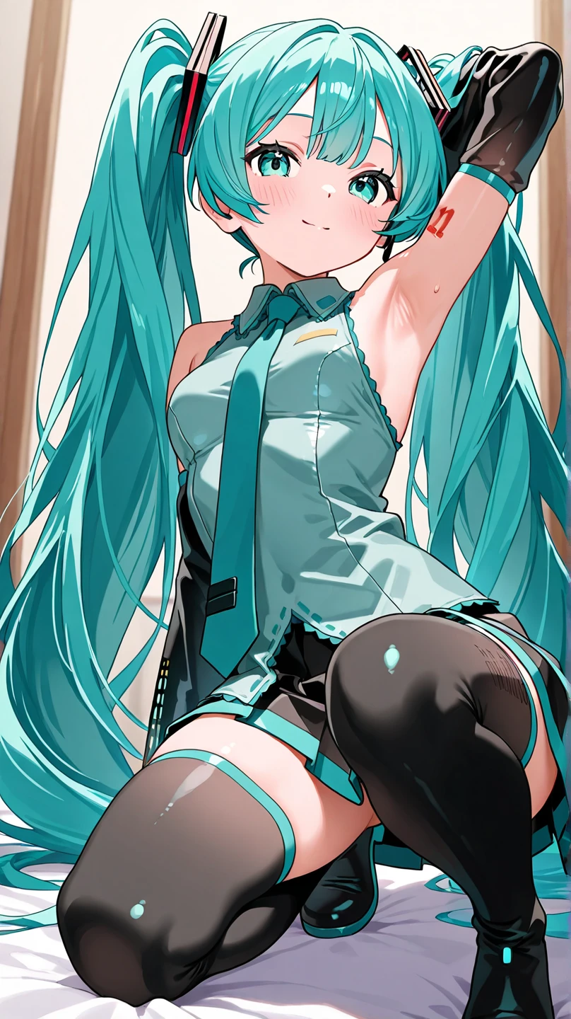 Hatsune Miku, Paid dating at a hotel, Straddling a man's lower abdomen, Inserting the penis into the vaginal opening, Sperm drips from the vaginal opening, Spread your legs, Small breasts, Spread your legs