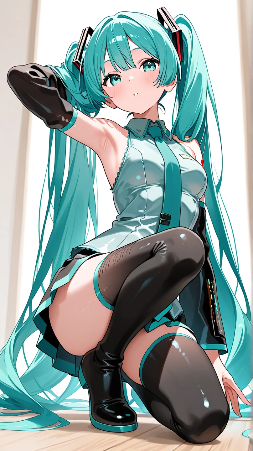 best quality, ultra detailed, beautiful face, perfect anatomy, 1girl, solo, mememe, long hair, aqua hair, blunt bangs, pink eyes, short pink dress, purple sleeves, purple tights, white background, black panties, full body,