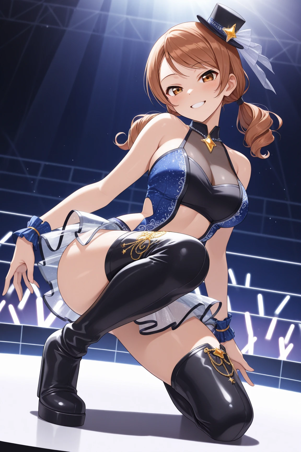 RiceShower, rice shower \(umamusume\), ((realistic, masterpiece, Best Quality, 8K, high resolution:1.3)), professional lighting, extremely fine, (illustration:0.7), extremely detailed CG, 1girl, good anatomy, (Live Stage:1.3), (see through costume:1.2), Stage costumes, Horse tail, ultra miniskirt, navel, micro panties, sweat, large breasts, covering breasts, cowboy shot, back view,