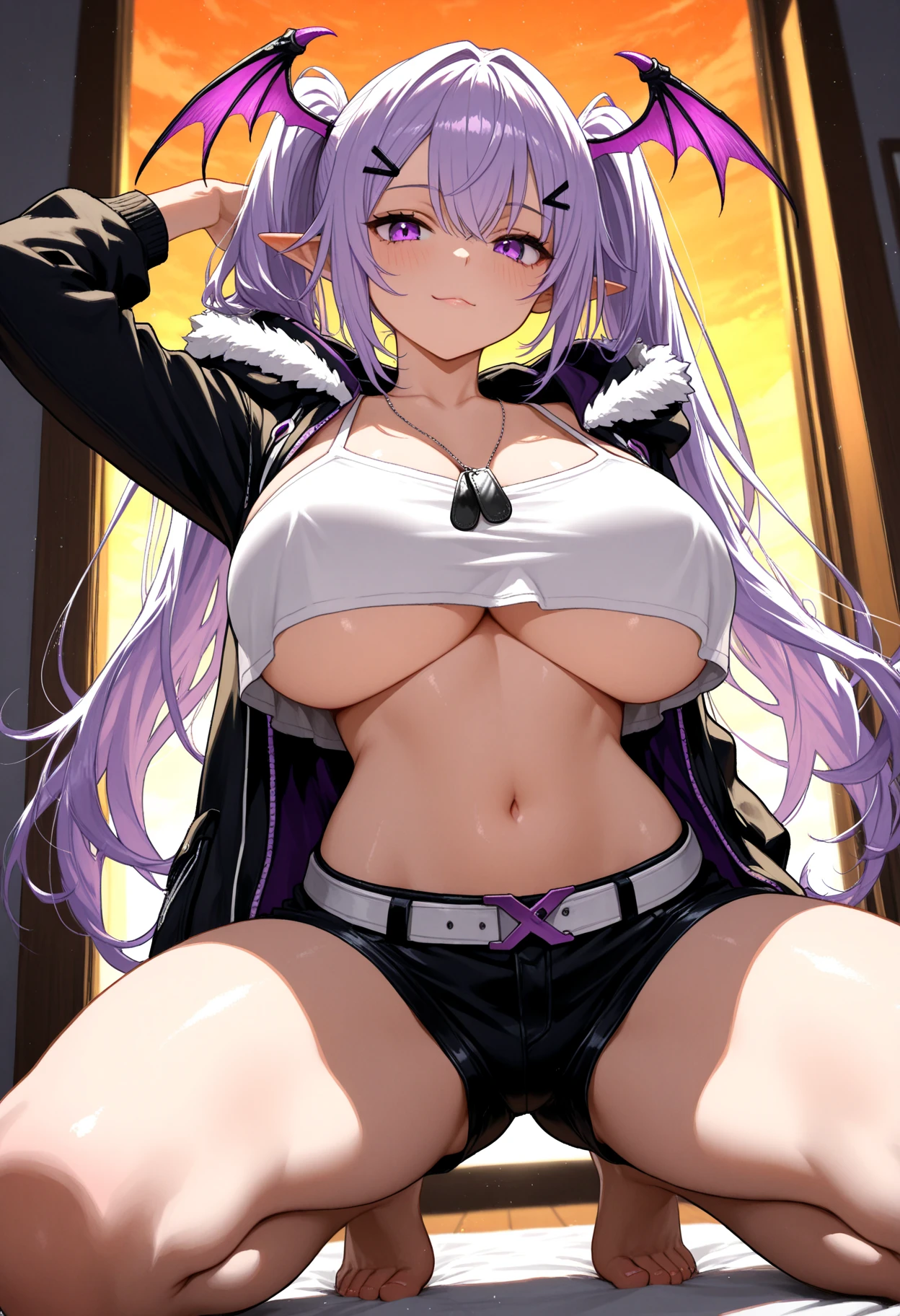 masterpiece, pussy, nude, cleavage, necktie , (best quality), short skirt, (solo), 1girl, reona, silver hair, purple hair , long hair, purple eyes, sexy woman, hair between eyes, hair ornament, vibrant colors , natural lighting, RTX, (huge tits), (detailed face:1.2), (perfect eyes:1.1) ,(photorealistic:1.1), 8k uhd, looking a viewer, outdoors, simple backround, smile, (full body), squat pose,