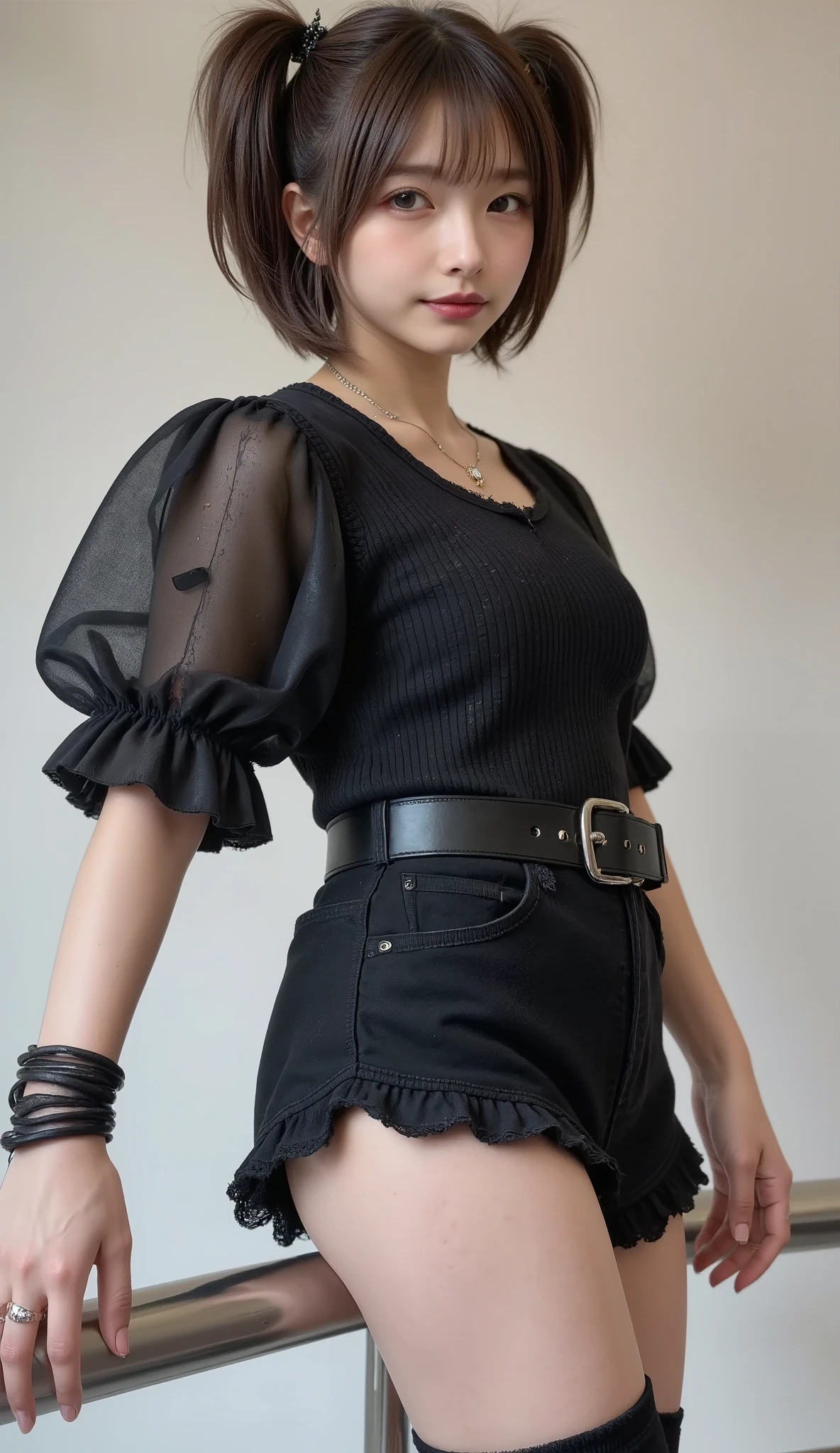 girl, one, best quality, big breasts, masterpiece, black hair, smile, gal, short hair, mature face, cleavage, schoolgirl, erotic, Japan person, big ass, hot pants