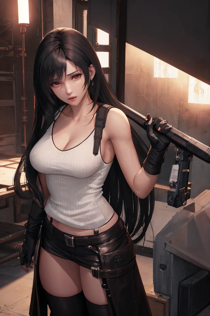 Unreal Engine 5 Realistic Render, (masterpiece, best quality), intricate details, ((Best quality)), ((masterpiece)), ((realistic)), (hyperrealism:1.2), (fractal art:1.2), 
1girl, tifa lockhart original costume, white crop top, arm guards, fingerless gloves, suspenders, pleated miniskirt, black thighhighs, red boots 
extreme detailed eyes, colorful, highest detailed, 
vibrant colors, high contrast,
(8K UHD:1.2), (photorealistic:1.2), beautiful face, top body is hyperrealistic thicc muscle and hyper largest_breasts!! with the type of boobs_melons, lower is huge buttocks, wet shiny body