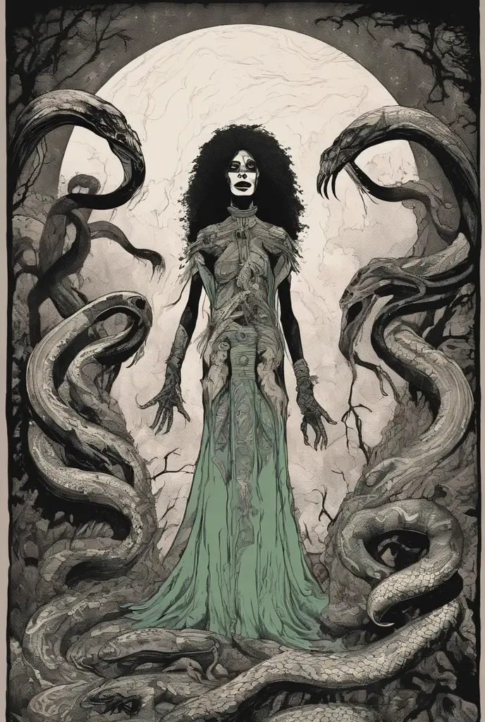 Medusa, northern lights, snake lightning, snakes to the heavens, hand drawn ink on paper illustration, double exposure, optical illusion, snake skin dress, full length body, (lamia, gorgon, snake woman hybrid, human upper-body, snake tail lower-body), fullbody, snake-haired, bald, hairless, (face, ornate black metal corpse paint, resembles Grace Jones), (background, pine barrens, entropy, rewilding, magic hour nautical twilight), (art style "Sean Gordon Murphy" comic drawing, splash panel), body drawn in Frederic Delavier musculature anatomical illustration art style, candid, the snake-haired head is covered in snakes that resemble pantera great southern trendkill, silhouette, full length body portrait, (body, Naga, snakefolk), (colors, forest green to earth brown, merge bleak muted deep fiery radiant glowing CMYK hues, (horror, abstract, surreal, body, cosmic), (art style Gerardo Zaffino charcoal), nyctophobia,
