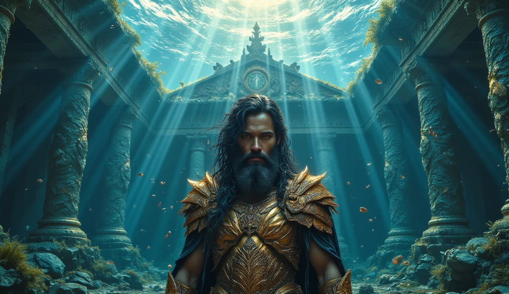Atlantean warriors, Hedra, emerges as a luminary being from the depths of the ocean
