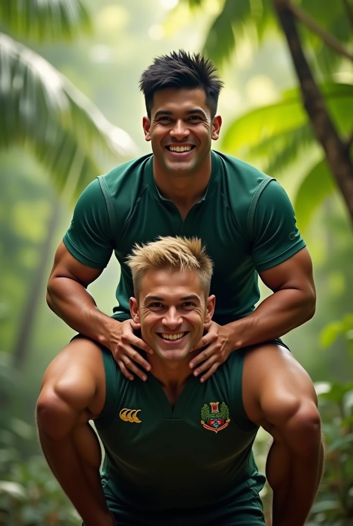 Leyendecker style illustration; ,blonde male rugby player washing under a waterfall, , , smiling, rugby player, (skinhead crew cut),,leader's belt on biceps, 2 caucasian (high shadow detail), muscular hairy chest, long legs, , big mouth, broad shoulders, bulge, thin waist,