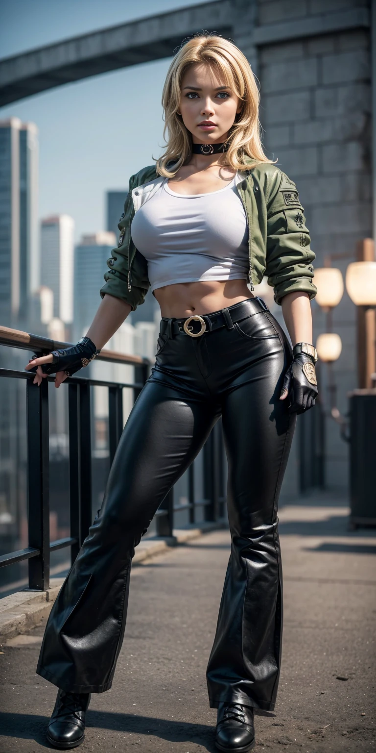 8k, masterpiece, best quality, ultra-detailed, sonyablade, 1girl, solo, long hair, blonde hair, cute blue eyes, breasts, choker, crop top, cropped green jacket, black fingerless gloves, full body, highleg panties, jacket, combat boots, lipstick, makeup, (abs:0.3), midriff, navel, black pants(Wide flares on pants:1.2),