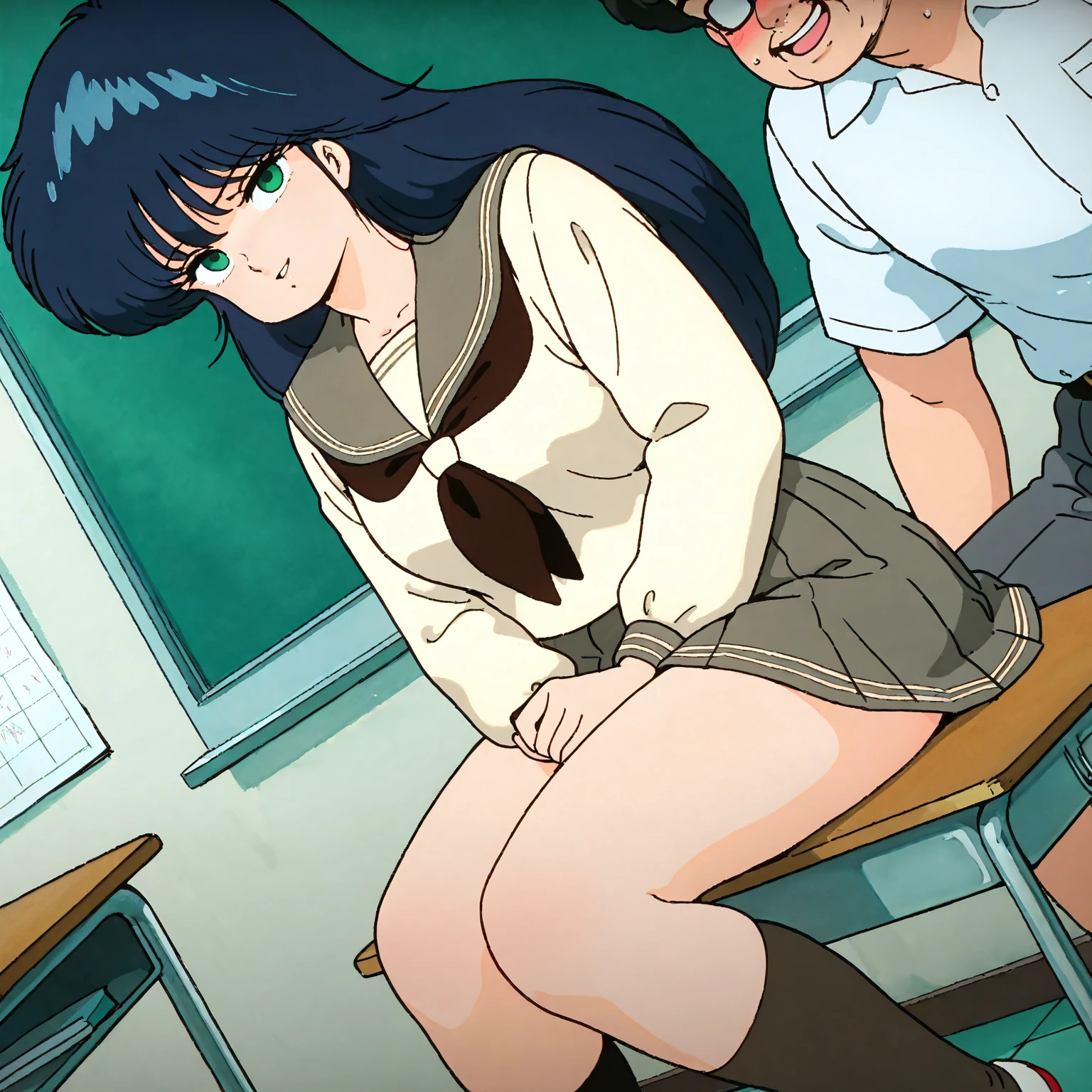 Generates a naked student sitting in her chair masturbating with a dildo with her classmates around her