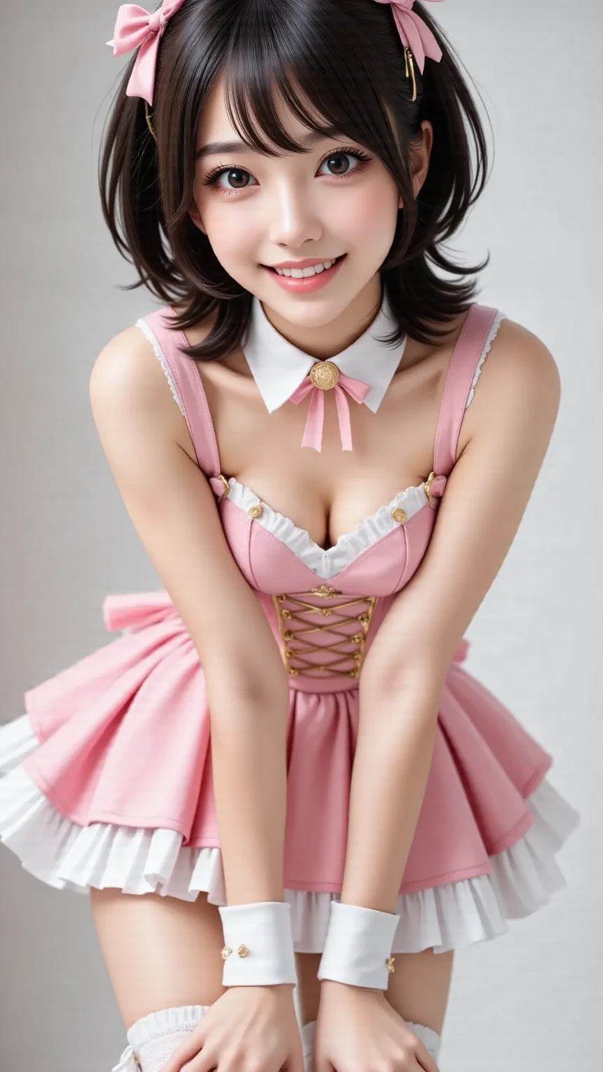 masterpiece, highest quality, Photoreal, Super detailed, finely, High resolution, 8k wallpaper, Professional, Advanced level of detail, ((A female college student posing in front of a castle:1.2)), slender Japanese woman,, detailed clavicle, Big breasts、perfect face, (Front facing:1.2)、medium long hair, chestnut hair、(pink ta fashion:1.5)、cute face、(looking straight ahead:1.5)、(brown skin:1.5)、full body shot