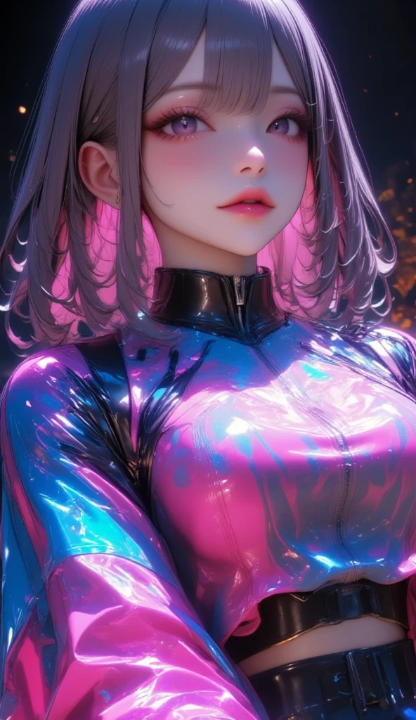 beautiful woman hanging from wire chain, amorous and lewd face, make-up, wearing white shiny rubber tight fitting seamless bodysuit with fine lines seven-color neon light diagram pattern, superlative body proportion, background huge room with analyzers, labs, shading effects, gradation magic effects, foggy filter effects, glitter effects, (ultra detailed, absolutely resolution, best quality:1.3), 2.5D, delicate and dynamic, artistic photography, hyper realistic, graphic CG digital art
