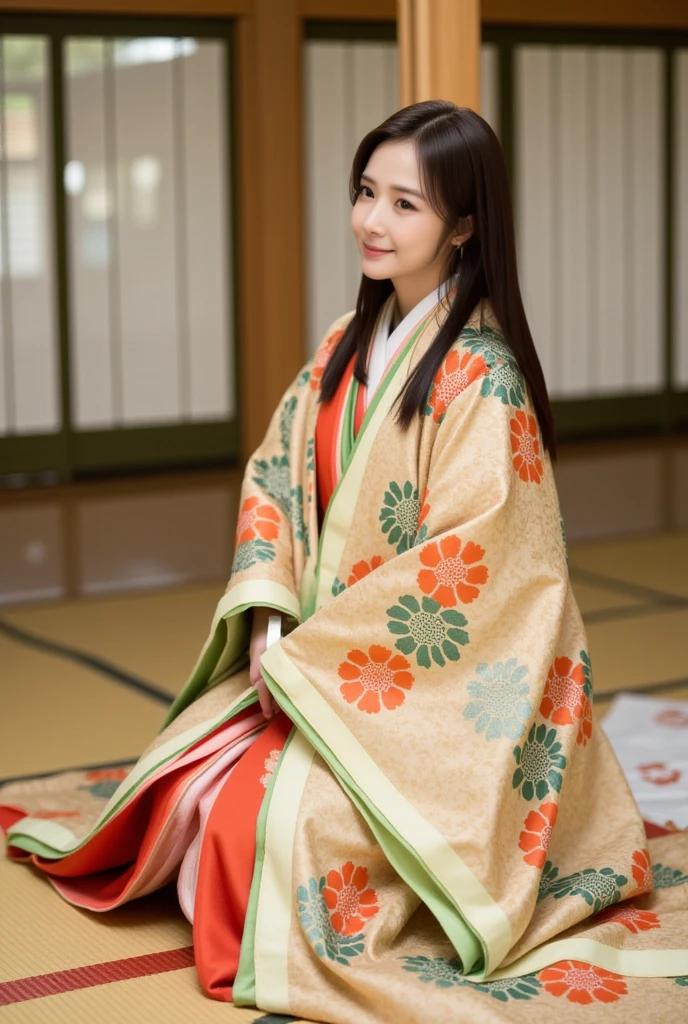 (masterpiece, highest quality:1.2), One girl, juni-hitoe, solo, full body, Straight long black hair、hiogi、court crest print, itutuginu, kasanenoirome, munamoto itutugine, detail, close-up, Blank background
