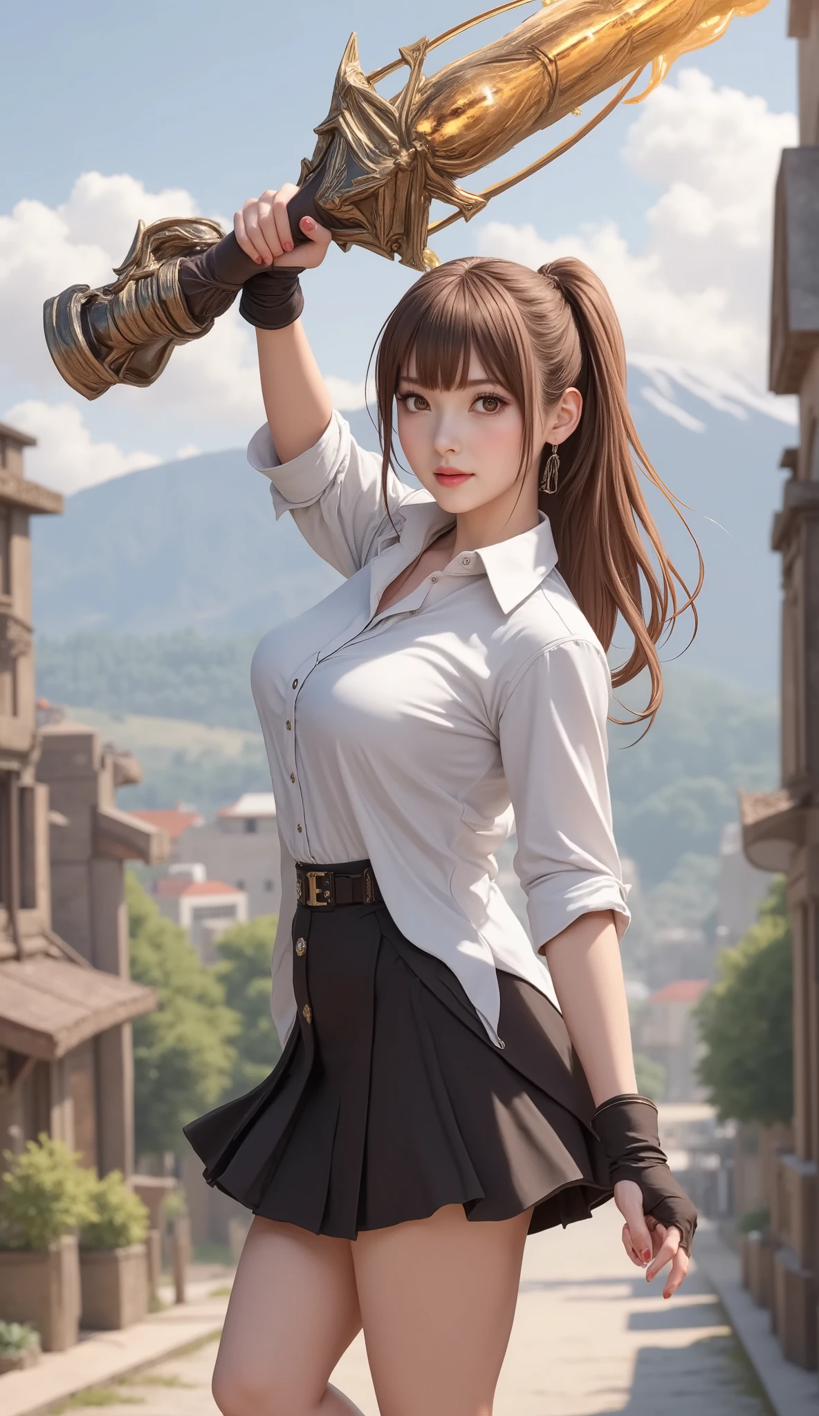 A legendary rare equipment artifact weapon possessed by a beautiful busty adventurer.