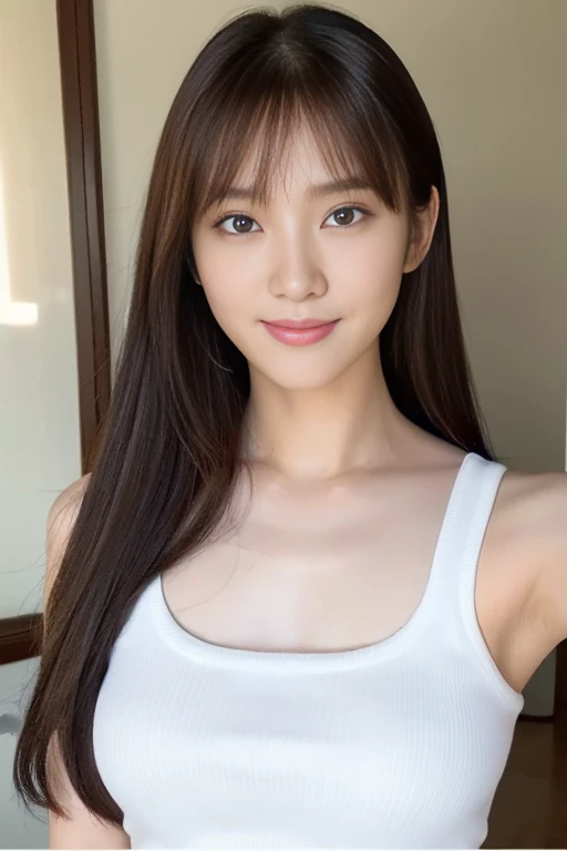 masterpiece, Highest quality, 8k, Confused,(((Burstingly Big Breasts)))、((Tightens the abdomen))、 (Upper Body:1.4), White shirt, beautiful girl, Cute Face, Looking at the audience, (smile:1.3), Surreal, High resolution, photo shoot, Film Grain, chromatic aberration, Sharp focus, High resolution, Face Light, Dynamic Lighting, Cinema Lighting, Professional Shadow, Simple Background, (Simple Background:1.4), Most detailed, Very detailed, Very detailedな, finely, Real Skin, Delicate features, Detailed face and eyes, Sharp pupils, Realistic student