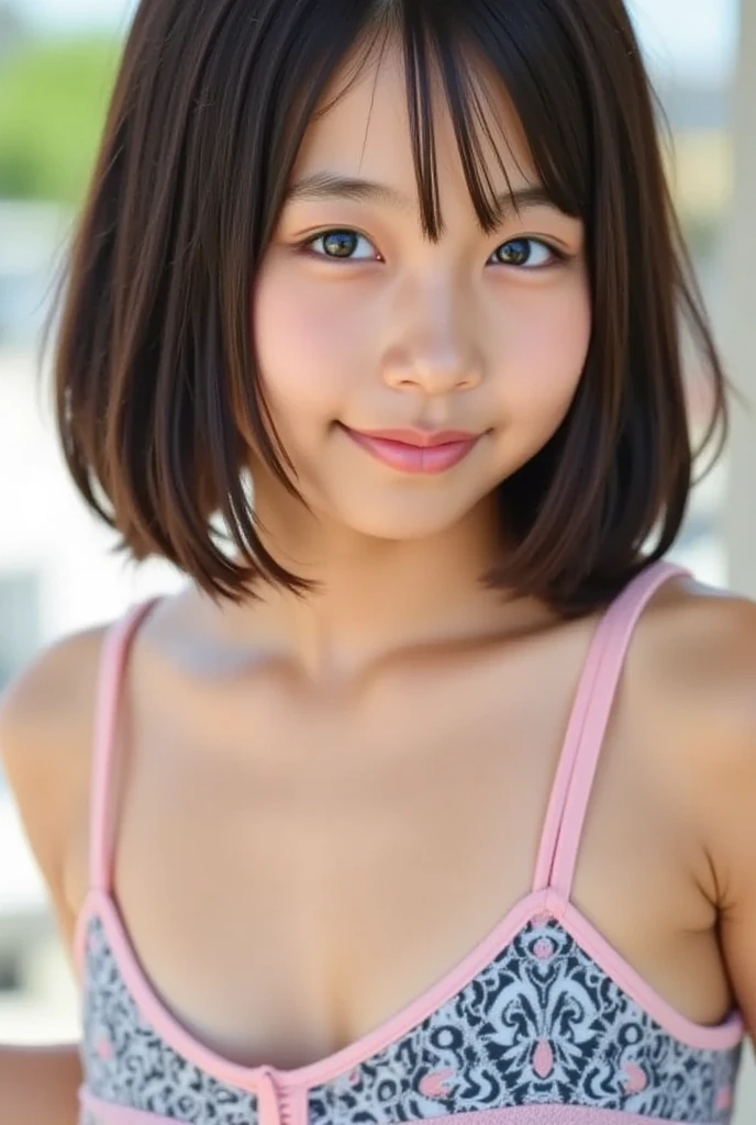 Beautiful young girl , Beautiful round breasts,Bust up front,Beautiful upturned breasts,G-Cup, Narrow waist,Brown skin,Short Bob,Baby Face, bikini top,(((Enlarged view of the upper body))),View from the front, Cleavage is clearly visible,Keep your head upright and smile,ID photo