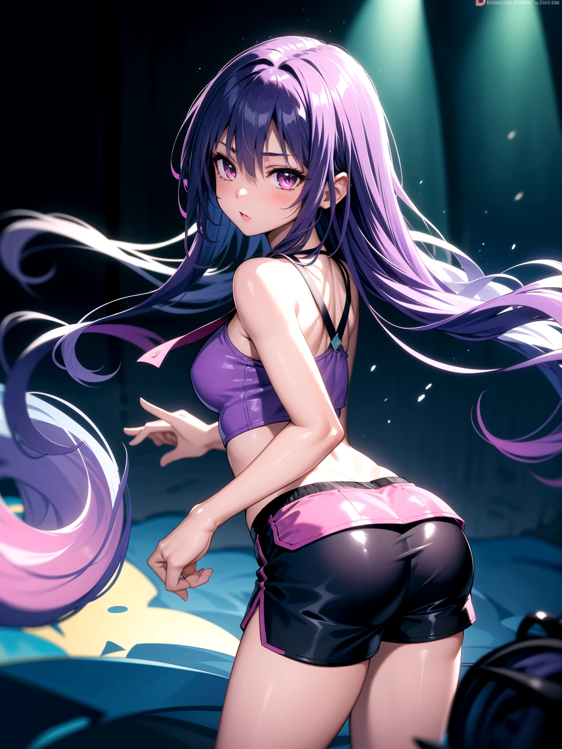 (Perfect body),Best Quality,(8K Portrait),(Official art)、((NSFW))、((Big Big Breasts))、((thick thight))、((big butts))、(Long hair))、(verd s eyes)、 (purple color  hair),(Forehead),(Parted bangs)、((Sweat))、(School uniform)、(Sleeveless white shirt)、(Red mini skirt)、(Light blue lace panties)、(((:o)))、(((((embarrassed from)))))、1girl in、((Hands behind the head))、Armpits、(((Panchira)))、(((from behind)))、From below