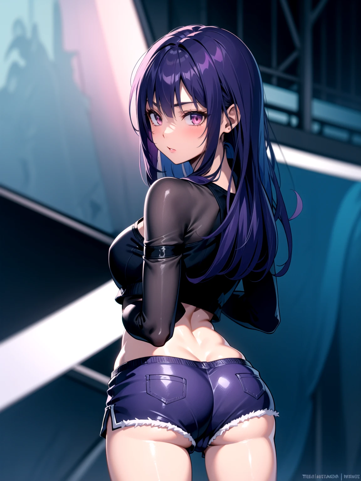 1girl, solo, best quality, masterpiece, Tifa Lockhart, sparking eyes, star on eye, (star on right eye:1), in a thong bikini(big butt), (big boobs), boxing gloves, blue hair, from behind view