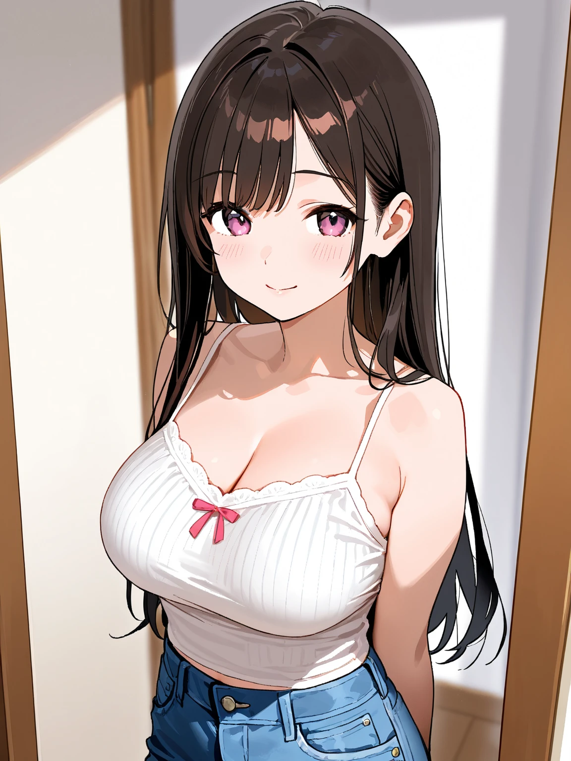 ((Tabletop, Highest quality, High resolution, , Pixel Perfect, 4K,))), 1 female, 、The whole body is visible、 ((Long Wavy Hair, bangs, Brown Hair)), ((Brown eyes, Beautiful eyelashes, Realistic eyes)), ((Detailed face, Blushing:1.2)), ((Smooth texture:0.75, Realistic texture:0.65, Realistic:1.1, Anime CG Style)), Medium sized breasts, Dynamic Angle, Perfect body, (( , , White camisole、No bra、、 Tight jeans pants、Take off your pants below your knees、Panties are visible、I can see her lacy white panties、、)), Gold Hair Ornament、Cross Necklace、、Very embarrassing panic smile, 、、、、、、Nipples are slightly visible、、、Place both hands on the wall and stretch your arms out、Stick your butt out、Hotel shower room、、、、 、)、