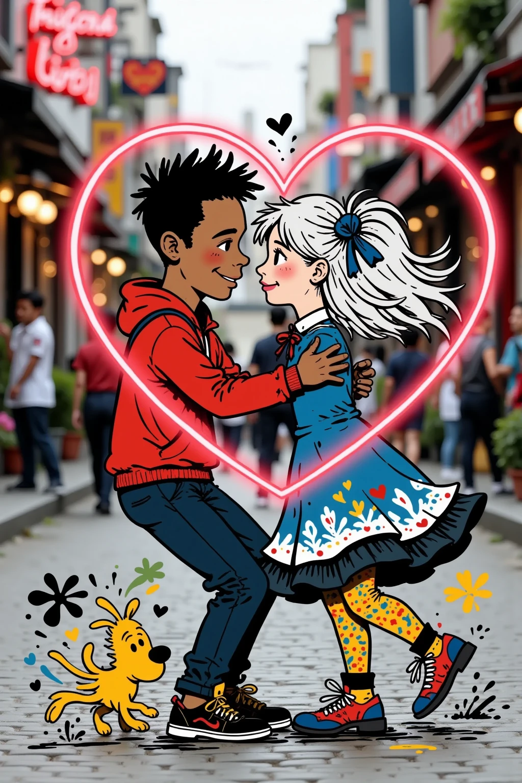 a couple of a platinum girl and a Moroccan boy, they are kissing under a neon heart with the cutter "Cantallera and Lobo". fun image