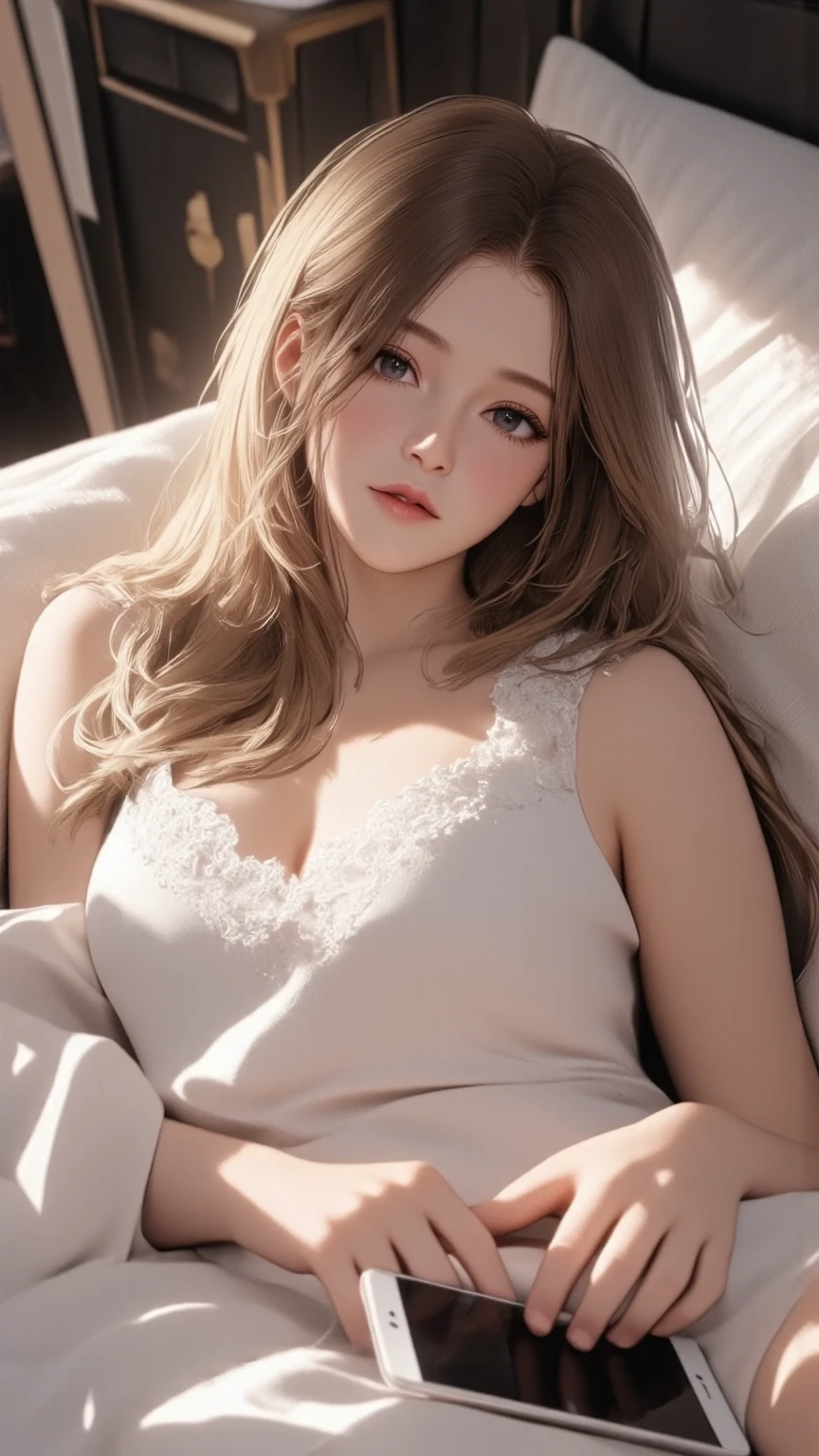 bed room, sexy pose, white sleep dress, blonde long wave hair, brown eyes.