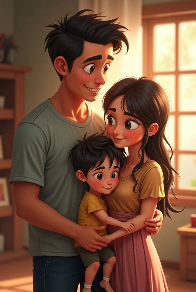 A boy giving a tight hug to his father and mother crying with happiness, in the background of the image there are forests and a blue house with wooden doors and red tiles, the parents are smiling and happy with the boy's return, Disney pixar style
