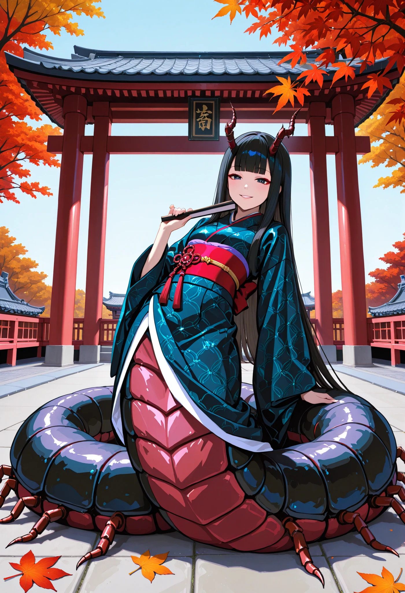 Japanese dress girl. Style similar to Lamia. Fusion with centipede. Cyber circuit pattern costume. Centipede pattern costume. Black hair. Long hair. Straight bangs. Horns. Ironic smile. Folding fan. Insect legs. Centipede legs. Japanese architecture. Balcony. Autumn leaves outside.