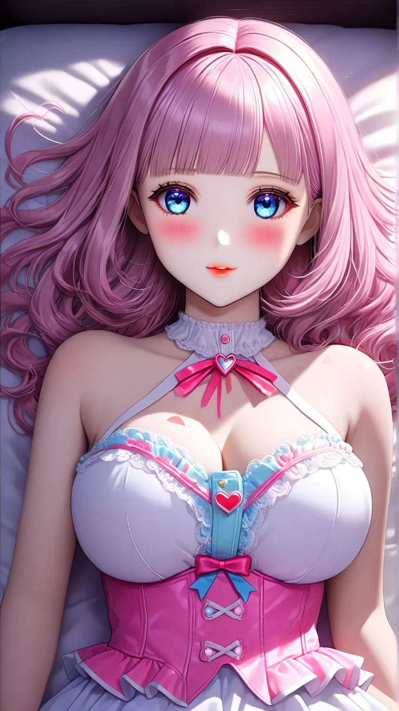 (Hi-Res), (absurderes), (top-quality), (hightquality), (masterpiece),grnades breasts、on the beds、Ruffled bra、be shy、one girls、独奏、Pink hair、Peachy Hair、Pink hair、Light blue eyes、length hair、Longhaire、Twin-tailed、 Hair above one eye, (large full breasts), white thighhig, Wet,perspiring,Embarrassing,8K,high-level image quality,Show cleavage,Cinematographic lighting,Beautiful fingers,Well-formed fingers,high détails,Sony FE GM,kawaii,Eye of the Heart,embarrassed from,droolng,Navel out、perspiring、Wet、爆乳、de pele branca、Bright hair、with blush cheeks、Crystal clear white skin、Shining eyes、colored contact lenses、anime styled、motion line、Sparkling eyes、Super burst chest、Milk that seems to burst、taut breasts、huge-breasted、Drooping sweat、shinny hair、After the Zuri、Lower breast、Too big milk、ripped clothing、Show cleavage、Starry eyes、droolng、droolng、Black stockings、Stockings、perspiring、a bed、on the beds、hi-school girl、School Uniforms、Underpants、skirt by the、