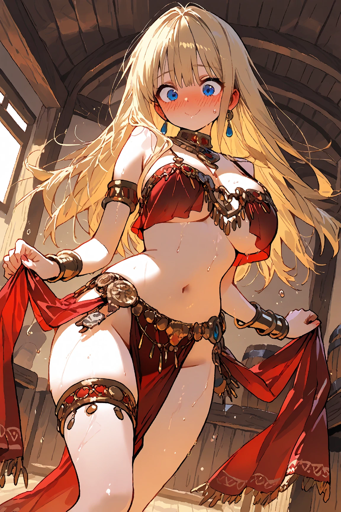 1 girl, wavy hair, long hair, red eyes, blonde, erect nipples, areola slip, big breasts, earrings, blushed, light smile, panties, blurry background, armor, brocade pattern, pubic hair, french braid, sword