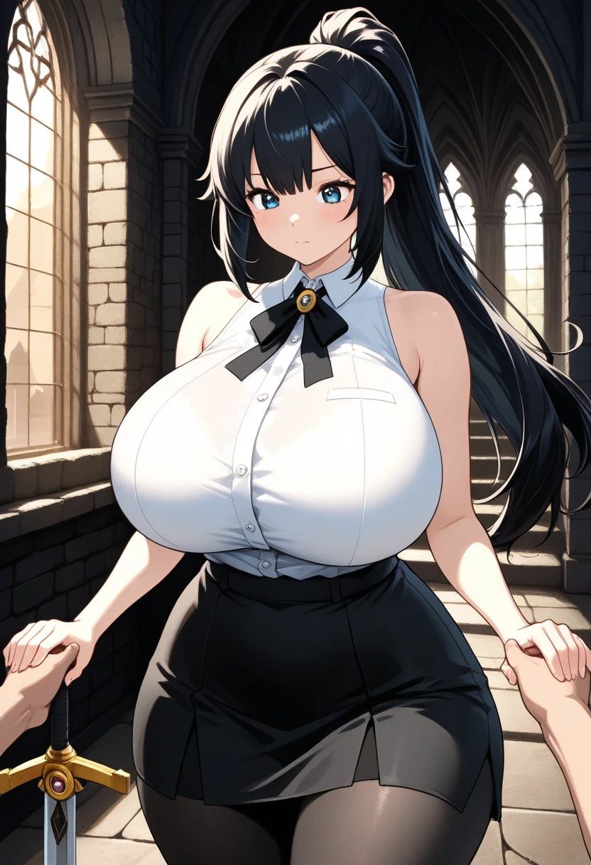 Masterpiece, best quality, anime style, 1girl, Hestia from DanMachi, black hair, bangs, pigtails, white dress, cleavage, blue tie, busty, small waist, wide hips, from front, dark fantasy dungeon, afraid
