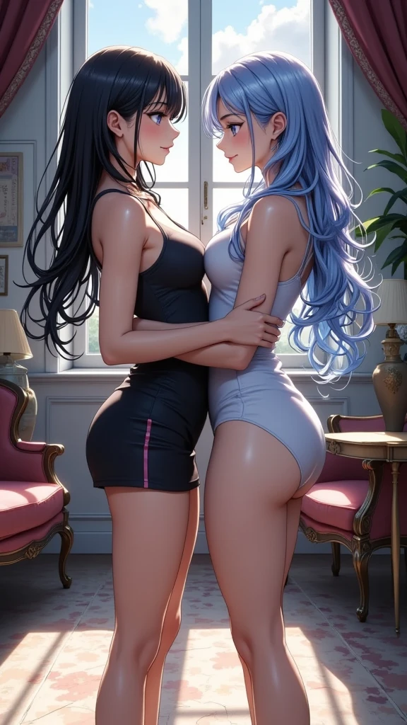 Grey haired teen woman with red eyes with curvy waist and big thighs and big butt wearing sexy black ninja clothes kissing passionately with tongue sitting on top of each other touching herself with mature blue haired woman with ponytail with curvy waist and big thighs and big butt and big breasts wearing sexy green military clothes