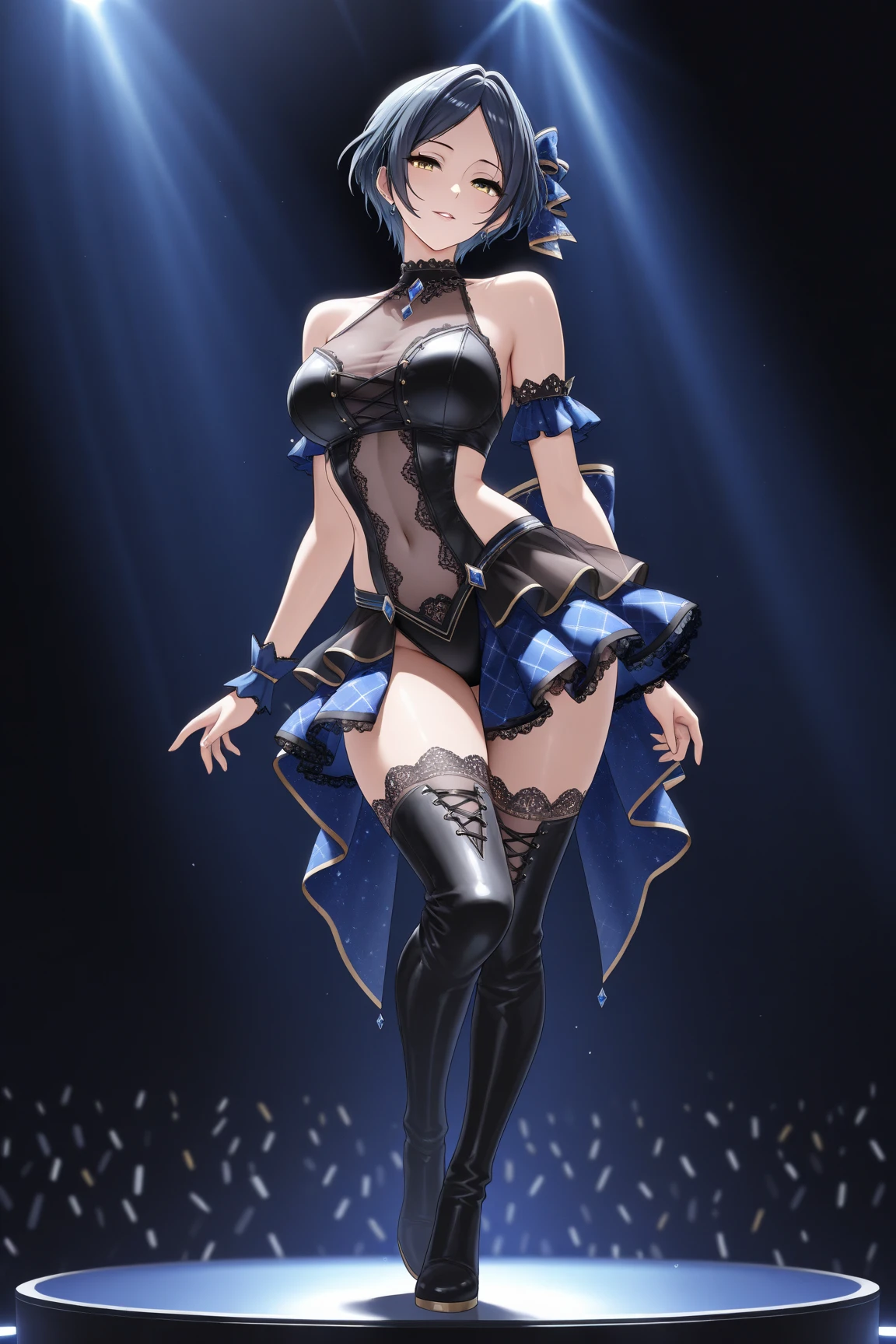 (best quality), (ultra-detailed), (best illustration), (best shadow), masterpiece, high res, (1gir, solo), aqua, blue eyes, blue skirt, green bow, blue shirt, detached sleeves, bare shoulders, hair rings, blue stockings, ponytail, hair ornament , corruption, showgirl skirt, parted lips, cameltoe, skindentation, seductive pose, large breasts, glowing eyes, simple background